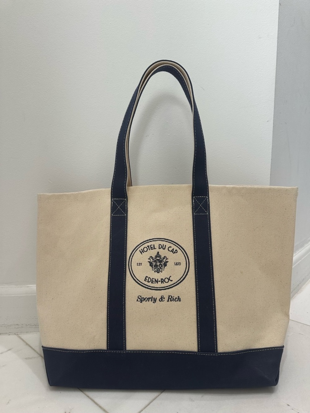 Sporty & Rich Beige and Navy Canvas Tote with Crest